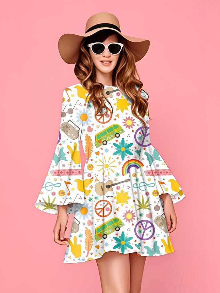 Retro 1970s Hippie Disco Print Women's Dress