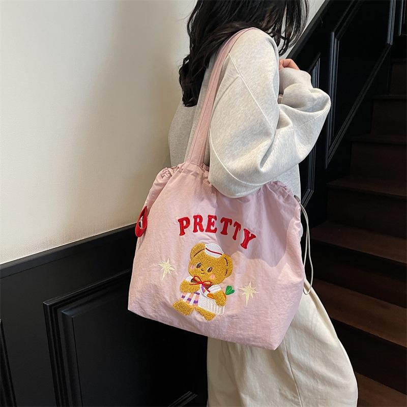 Large Capacity Cloth Bag Women's New Summer Versatile Shoulder Bag Cute Drawstring College Student Class Tote Bag