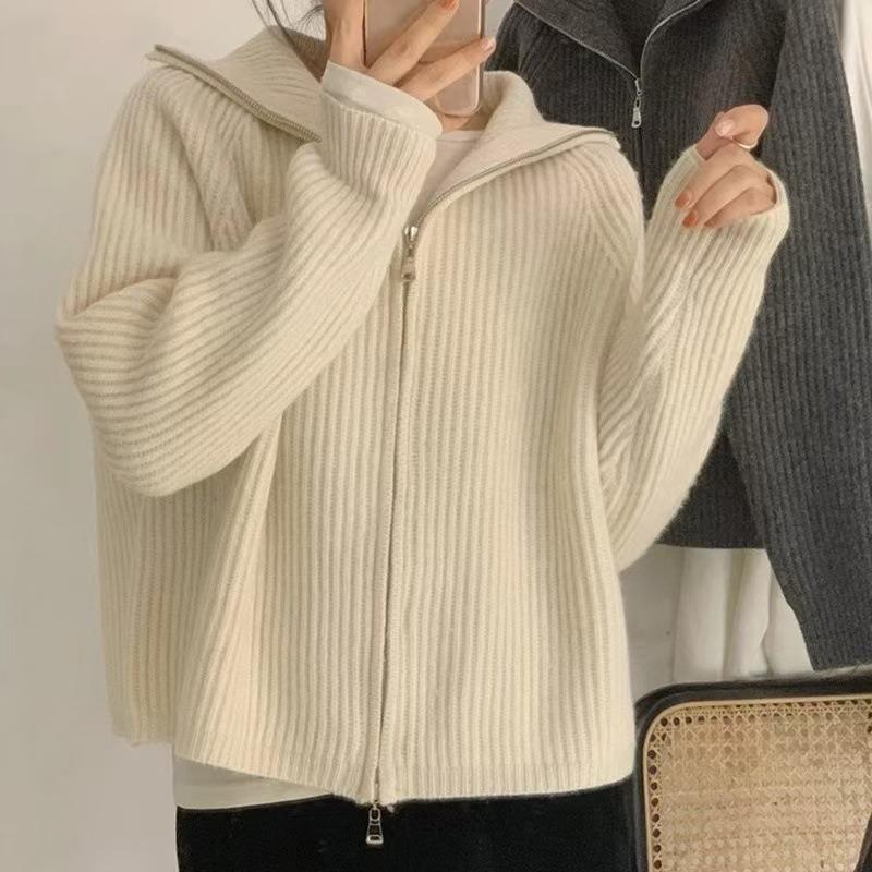 Retro zipper knitted cardigan women's autumn and winter new loose casual lazy wind lapel sweater jacket