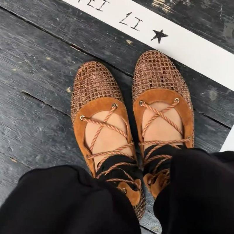 2025 autumn new niche cross-strap mesh breathable shallow mouth single shoes women's leather lace-up Mary Jane shoes women's