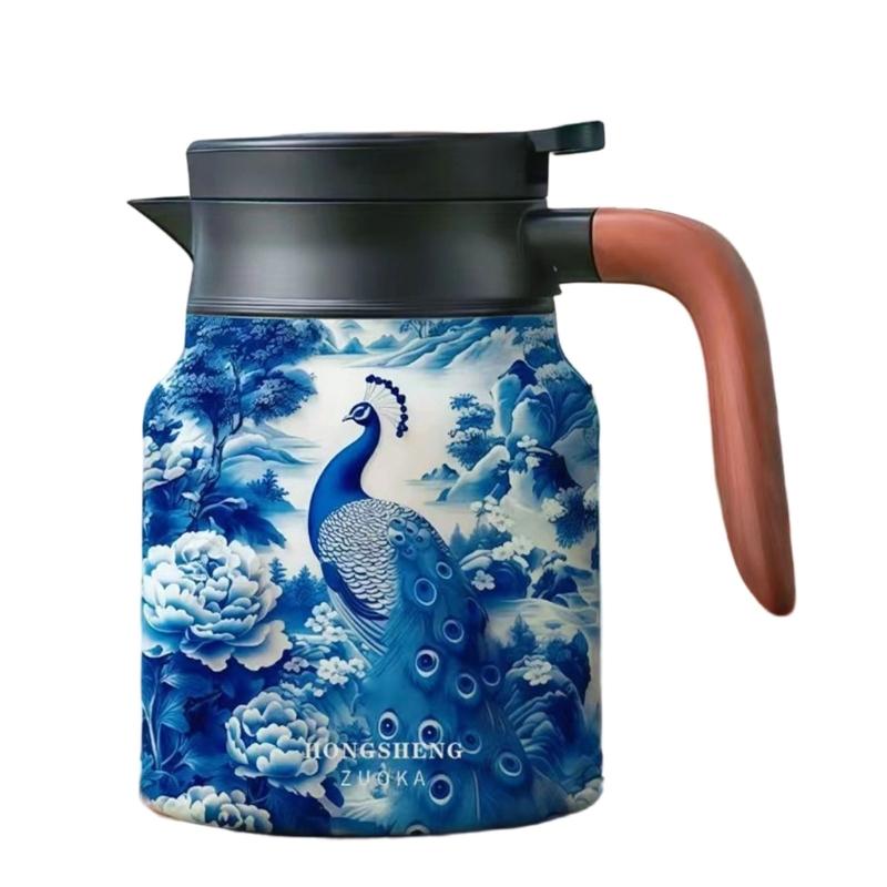 Premium Thermal Florals Teapot 1000ml Removable Infuser Stainless Steels Body And Ergonomic Wooden Handle Teas Kettle