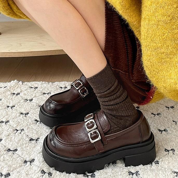Brown British Style Thick Heel Platform Small Leather Shoes Women's 2025 New Autumn and Winter Versatile Height Increase One Pedal Loafers
