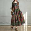 New Vintage Cotton and Linen Print Round Neck Long Sleeve Dress Female Loose Large Size