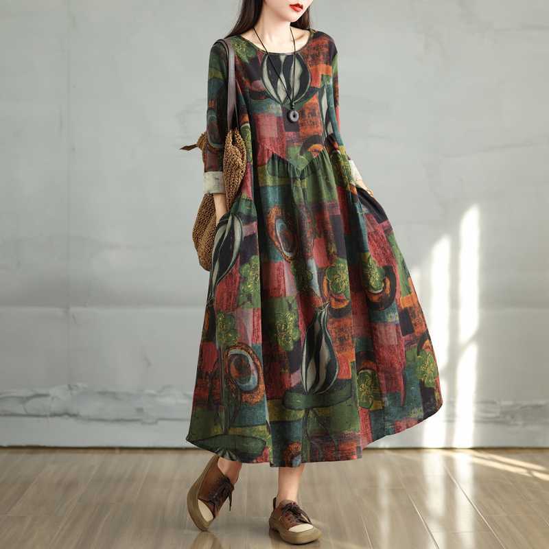 New Vintage Cotton and Linen Print Round Neck Long Sleeve Dress Female Loose Large Size
