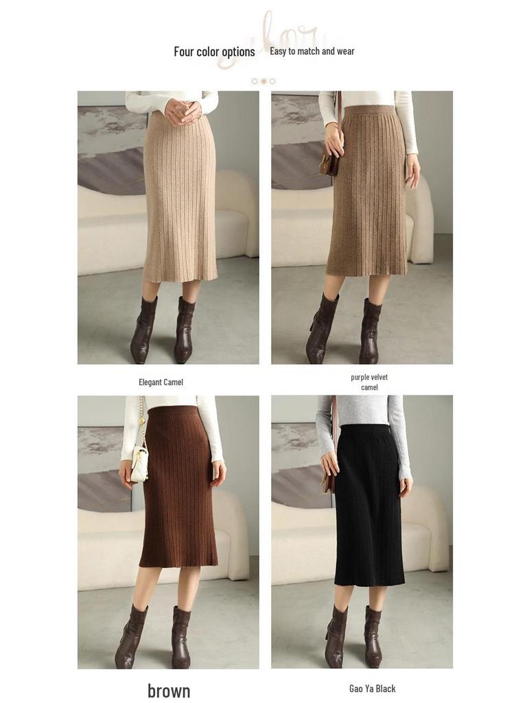 Women's Slim Fit Vertical Stripe Wool Midi Skirt - Versatile Cashmere Knit