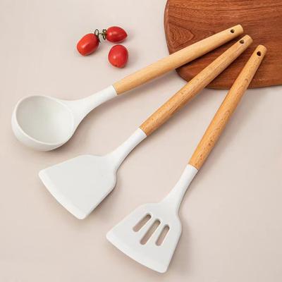 Silikon-Kochutensilien-Set mit Holzgriff Hitzebeständige Pfannenwender & Schöpfkelle für beschichtete Kochgeschirre Spülmaschinenfest Wesentliches Küchenwerkzeug für