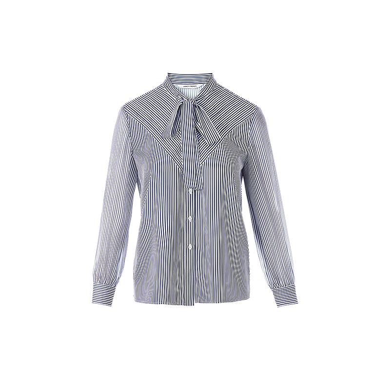 

Langzi Collegiate Striped Long-Sleeve Scarf Collar Shirt M