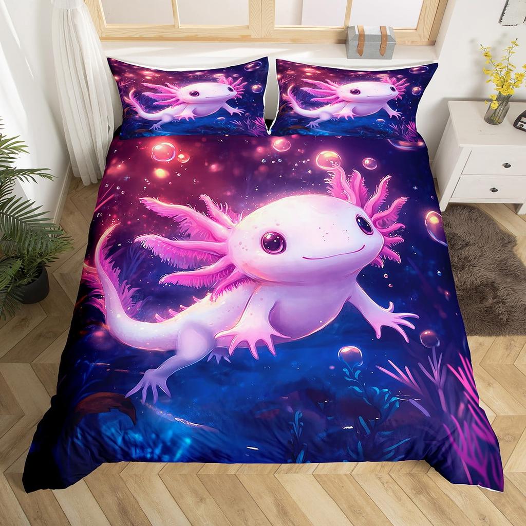 Comforter Kawaii Axolotl Full For Kids Boys Girls Room Decorpink Cute Cartoon Animal Bedding Set Sea Coral Shell Soft Warm