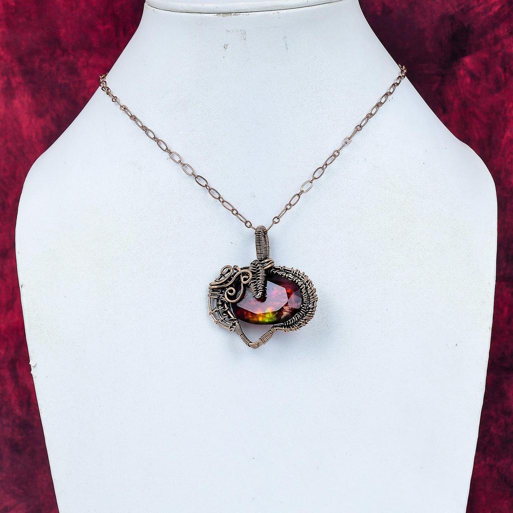 Faceted Ammolite Pendant Copper Wire Wrapped Pendant Handmade Gemstone Pendant