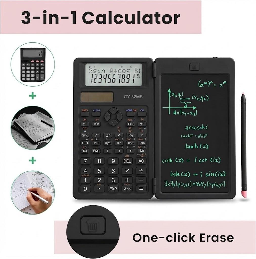2-in-1 Scientific Calculator & LCD Writing Tablet | Foldable Student Math Calculator with Erasable Notepad & Stylus
