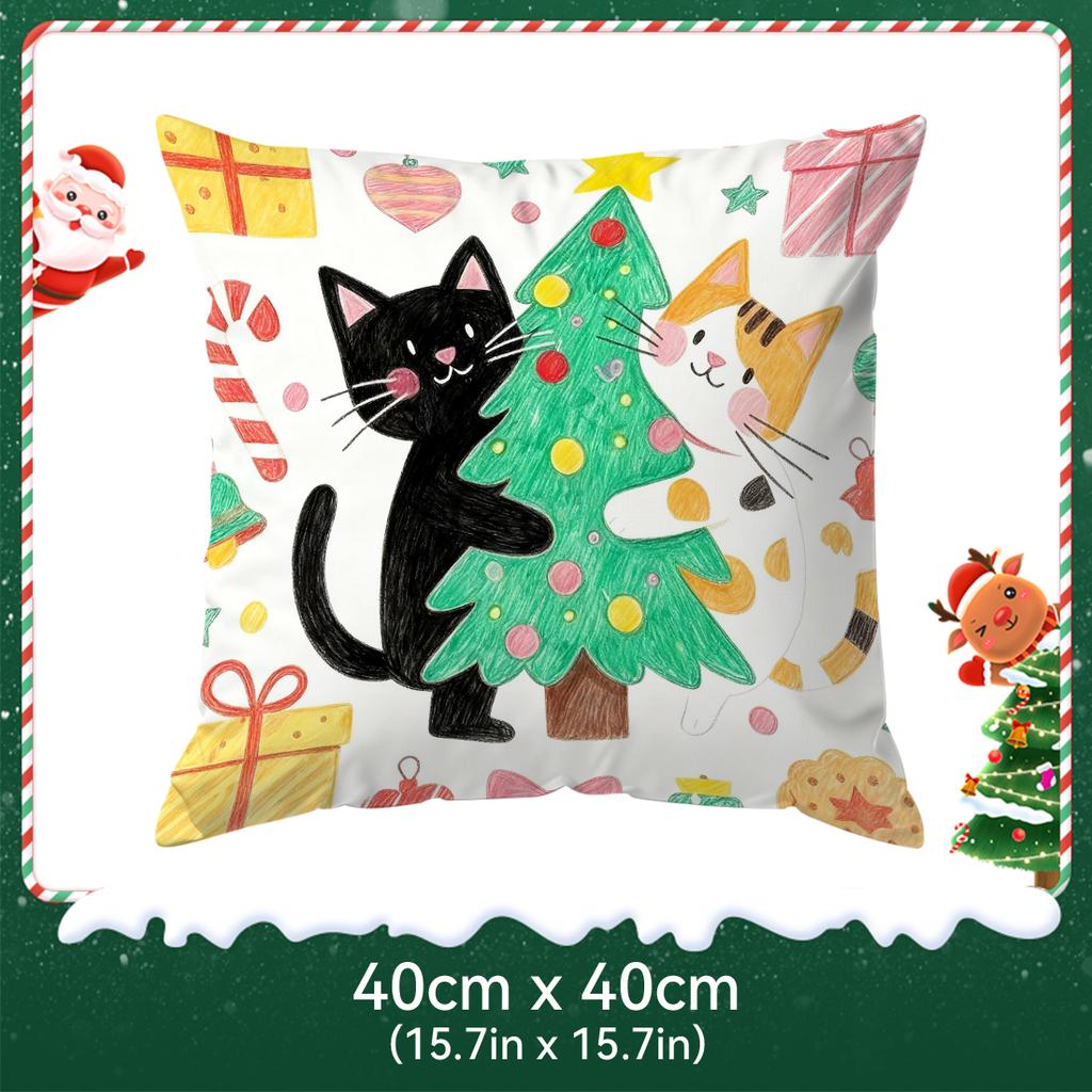 Christmas Tree Cat Cushions Pillowcase Polyester Cushion Cover Throw Pillow Pillowcover Home Car Sofa Decor