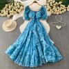 French beautiful super fairy chiffon printed square neck bubble sleeve dress women's vacation waist thin ruffle edge dress