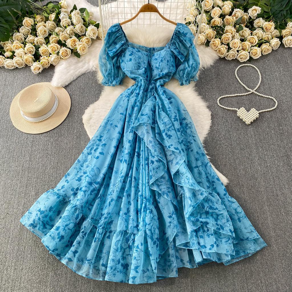 French beautiful super fairy chiffon printed square neck bubble sleeve dress women's vacation waist thin ruffle edge dress