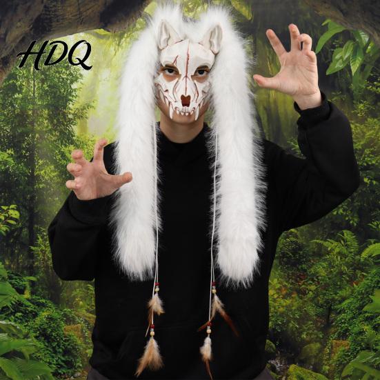 Měkká plyšová maska pro Comic Con Maska vikingské vlčí lebky Dlouhý kožíšek s třásněmi na uších Pokrývka hlavy Cosplay Tematická párty Kostým Pokrývka hlavy Párty Halloween Vlkodlak