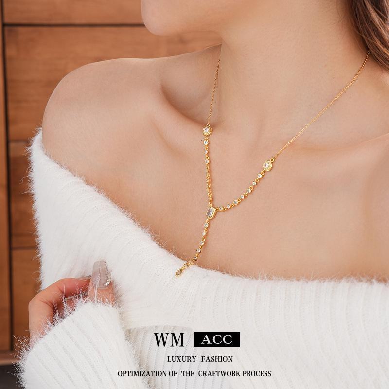 Gold Electroplated Oval Zircon Tassel Necklace - Korean Light Luxury, High-End Sweater Chain, European & American Style for Women