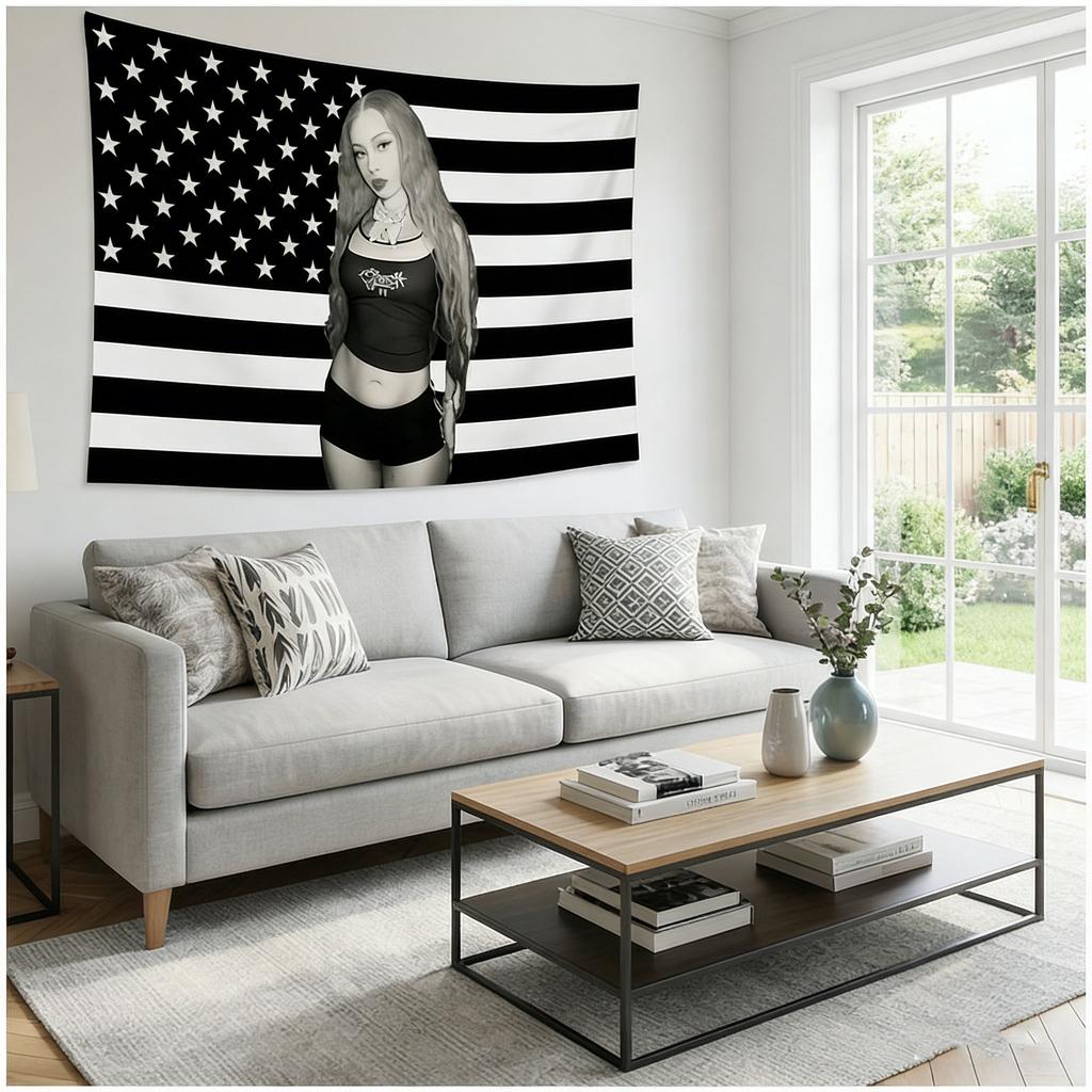 Ice Spice Usa Flag Tapestry, Black & White Stripe Background, Durable Fabric, Perfect For Dorm, Outdoor Party, Graduation & Gift