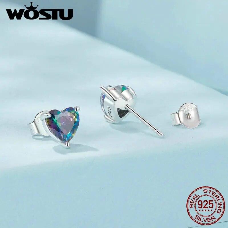 WOSTU 925 Sterling Silver 7MM Heart Stud Earrings Women Rainbow Mystic Topaz Wedding Earring Party Jewelry Gift For Mom Daugther