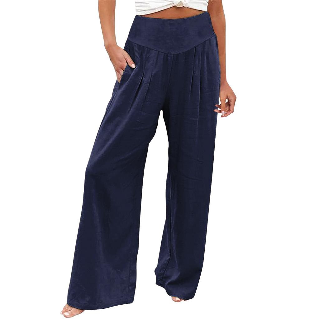 Summer Cotton Linen Wide Leg Pants Women Loose Palazzo Pant Pocket Elastic Waist Casual Pants