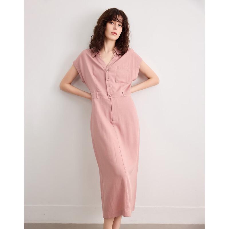 Women's Elegant Linen Blend V-Neck Mid-Length Dress