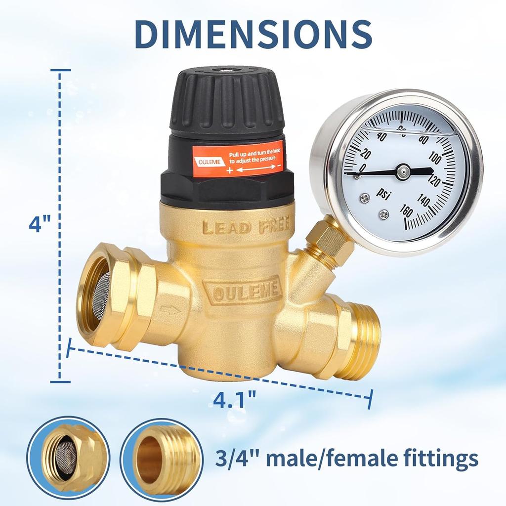 OULEME RV Water Pressure Regulator Valve With Handle Adjustable, Silicone Oil Gauge, Double Filters, Brass Lead-Free And 3/4" Connector For Camper