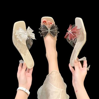 Hausschuhe Damen High Heel Pfennigabsatz Strass Schleife Transparente Sandalen 2024 Neue Damenschuhe Modische und Sexy High Heels
