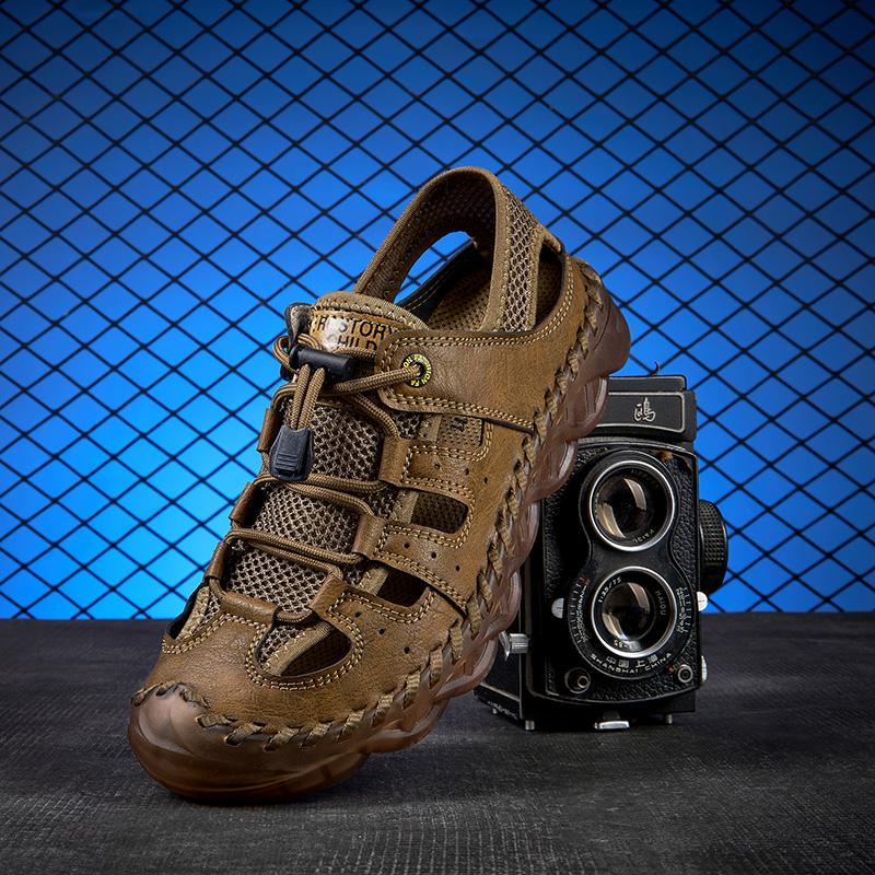 Fashion Hand-stitching Leather Men Sandals Hollow Out Summer Shoes Fashion Casual Outdoor Beach Flats Quick Dry Breathable Wading Shoes