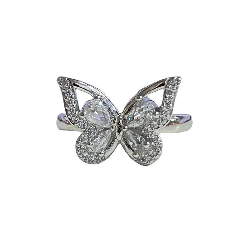 Elegancki Otwarty Pierścionek z Diamentami w Kształcie Motyla - Luksusowy i Modny Design dla Kobiet