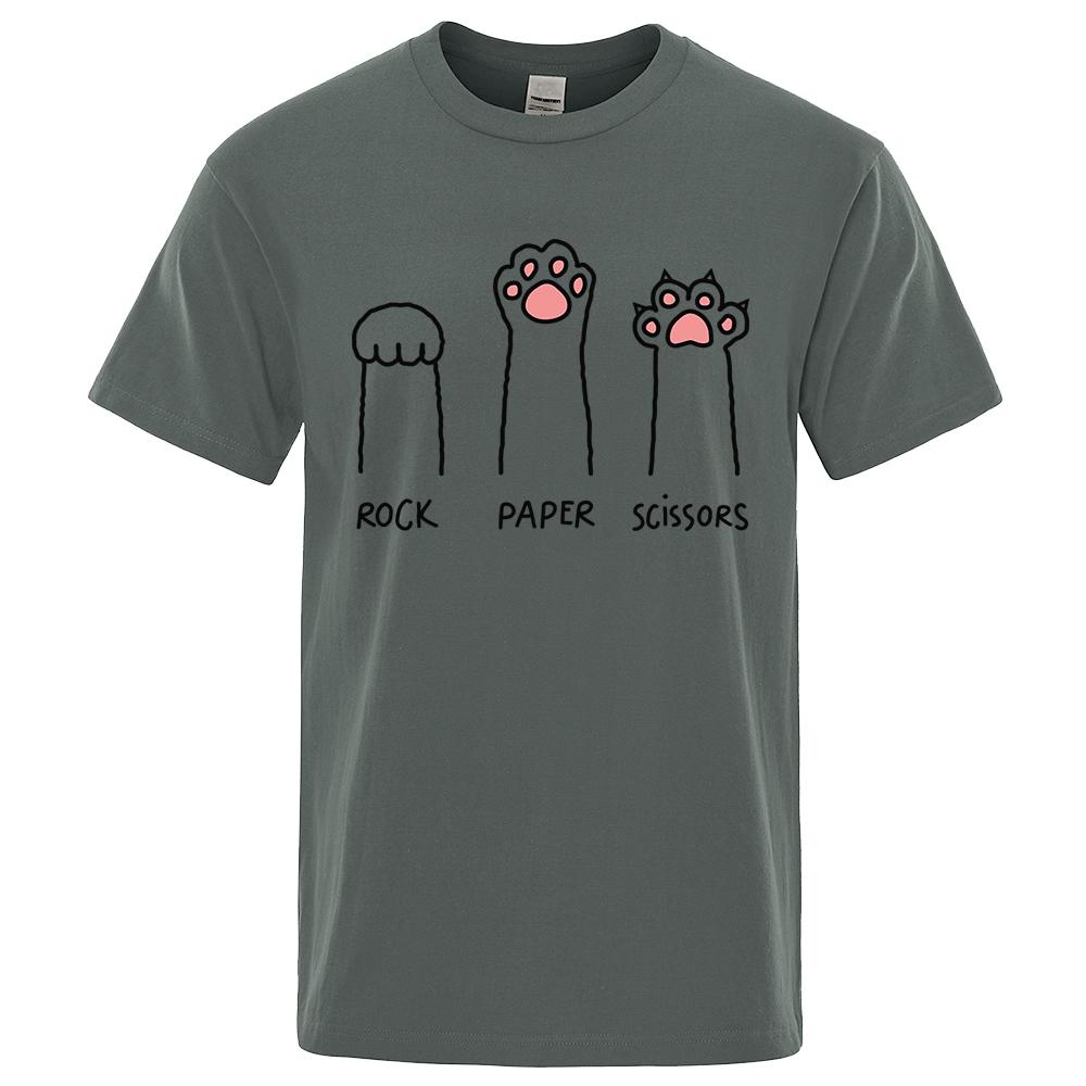Rock Paper Scissors Funny Cat Print Clothes Men Fashion Oversize T-Shirt Casual Crewneck Tops Summer Cotton Loose T Shirt Couple
