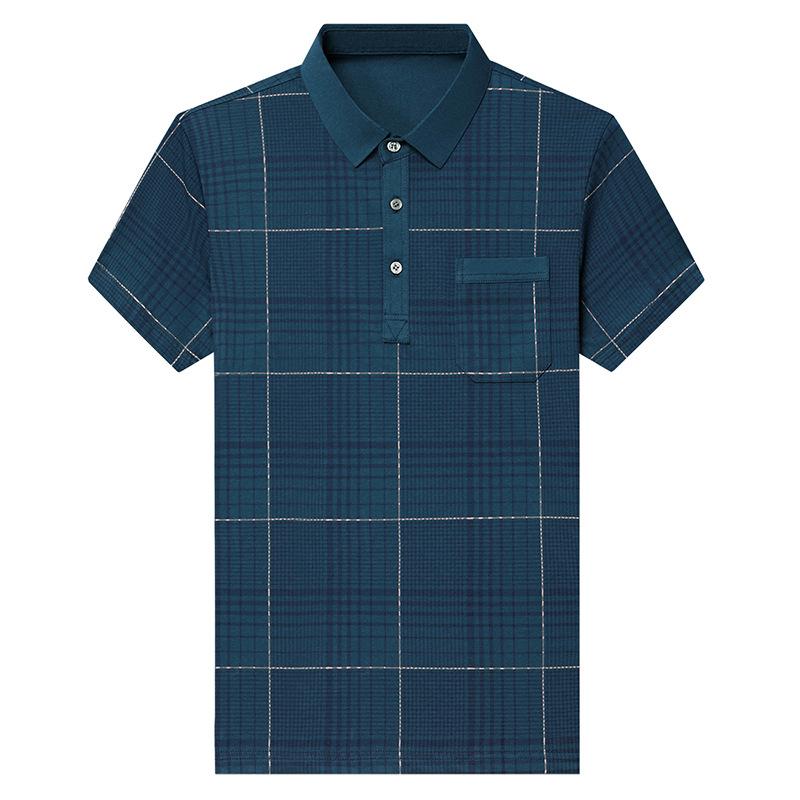 Herren Revers Kurzarm T-Shirt Kariert Dünn Business Casual Poloshirt mit Tasche