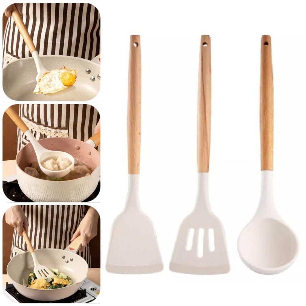 3Pcs Heat Resistant Non-Stick Spatula Wooden Handle Cooking Turner Spatula  Home Cooking