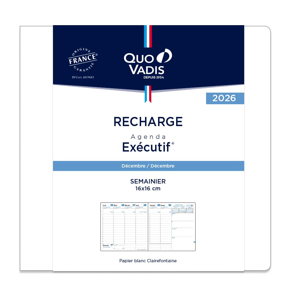 QUOVADIS 2026 Executive Refill (French Edition) Weekly Vertical Diary December 2025 Start Square 16x16cm qv014rech-fr