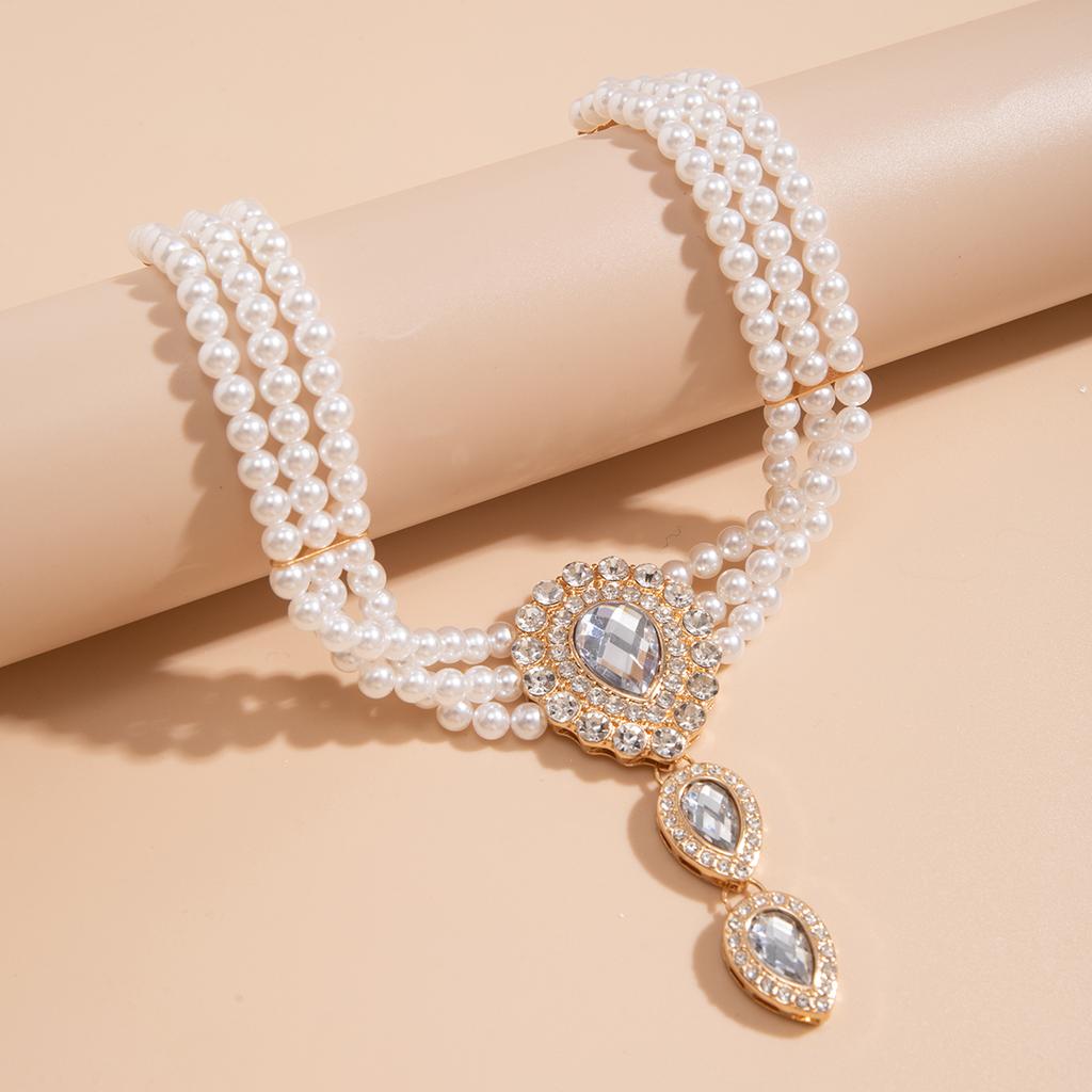 Multilayer Elegant Imitation Zircon Chain Necklace Bracelet for Women Creative Water Drop Rhinestone Zircon Set Wed Accessories