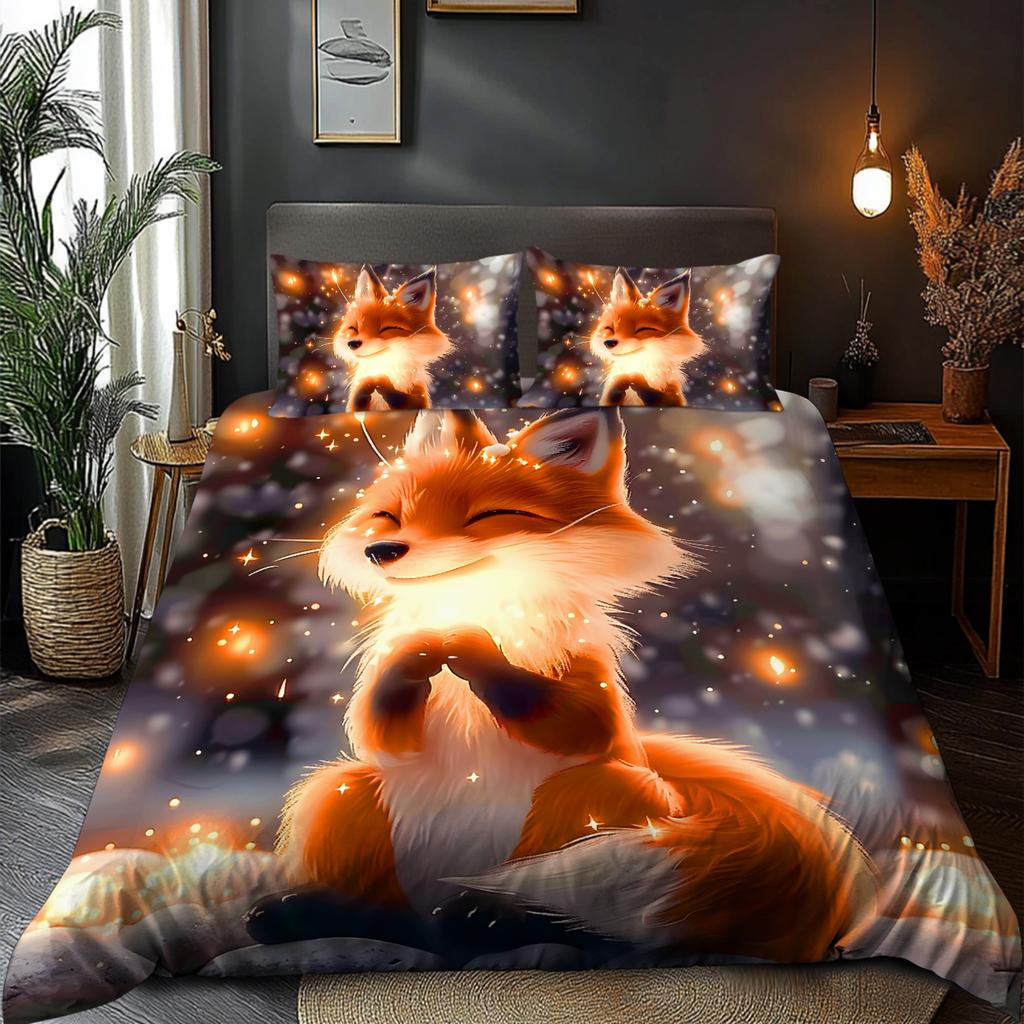 Warm Minimalist Style 3D Pattern of Animal Fox Bedding Set Elves Brushed Digital Printing Duvet Cover Soft Comfortable for Bed