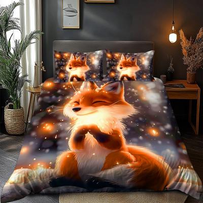 Warm Minimalist Style 3D Pattern of Animal Fox Bedding Set Elves Brushed Digital Printing Duvet Cover Soft Comfortable for Bed