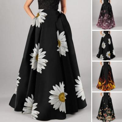 Maxirock für Damen, hohe Taille, A-Linie, großer Schwung, Blumendruck, Reißverschluss, halbe Öffnung, weicher Bohemian-Look, lockerer Party-/Abschlussball-/Strandrock