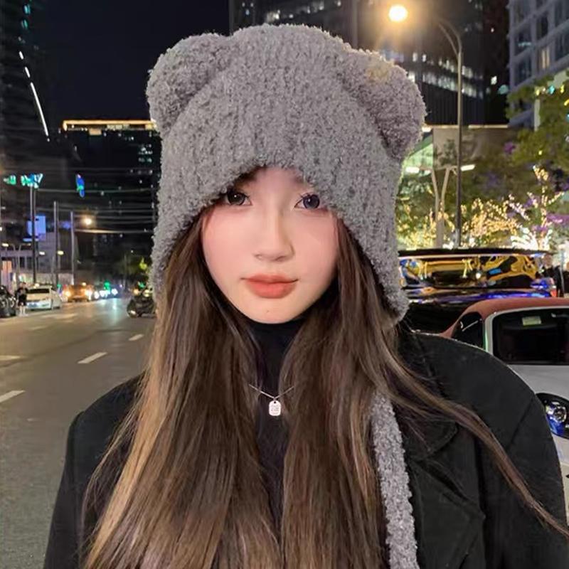 Autumn And Winter Cute Bear Plush Hat Women'S Able Warm Woolen Hat Large Head Circumference Ear Protection Hat
