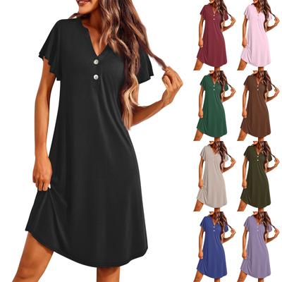 Women's Fashion Flare Short Sleeve V Neck Pajamas Casual Button Solid Color Dresses