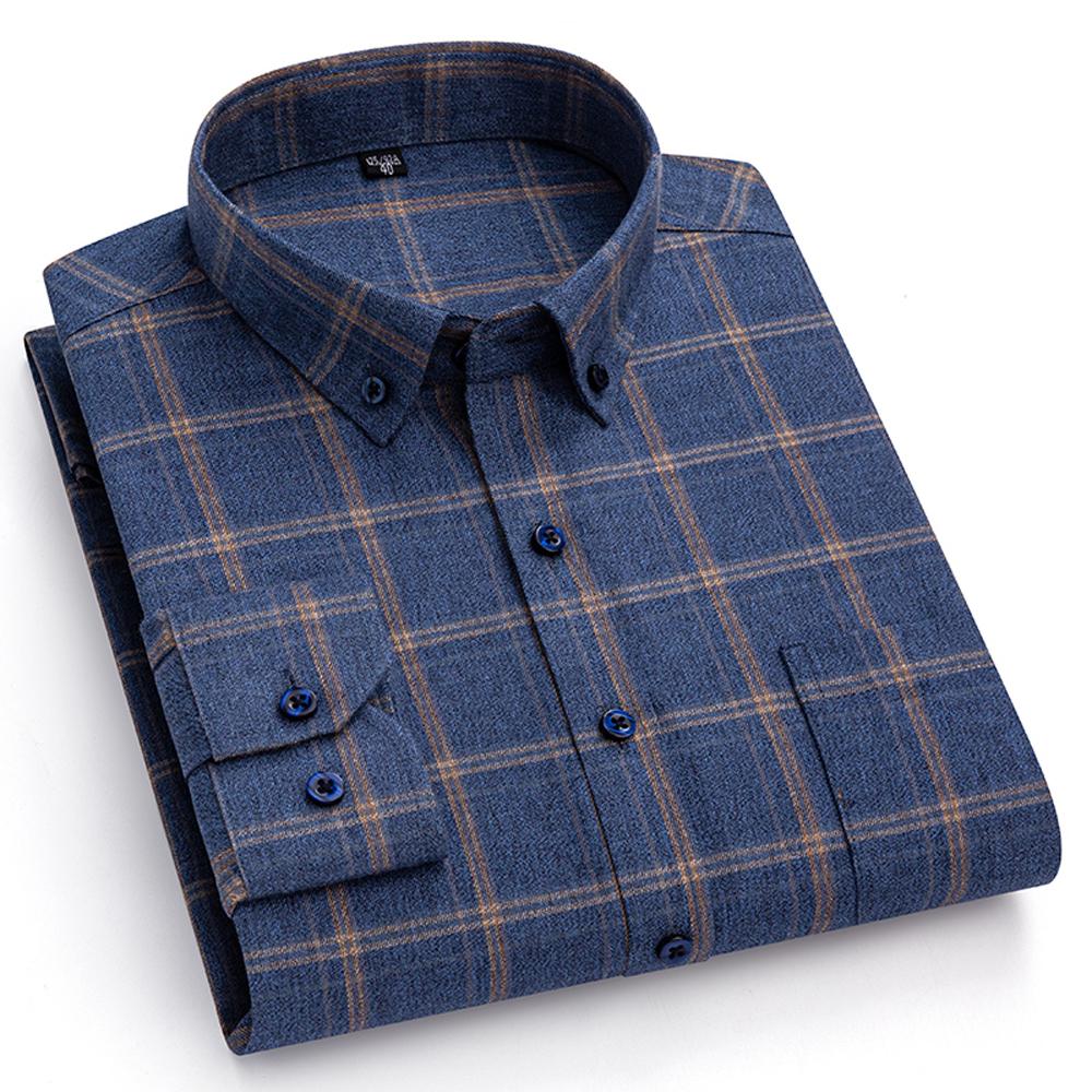 

Men s Thick Pure Cotton Brushed Plaid Striped Long Sleeve Shirt with Left Chest Pocket - Autumn Winter Casual Comfort Button Down Shirts 45