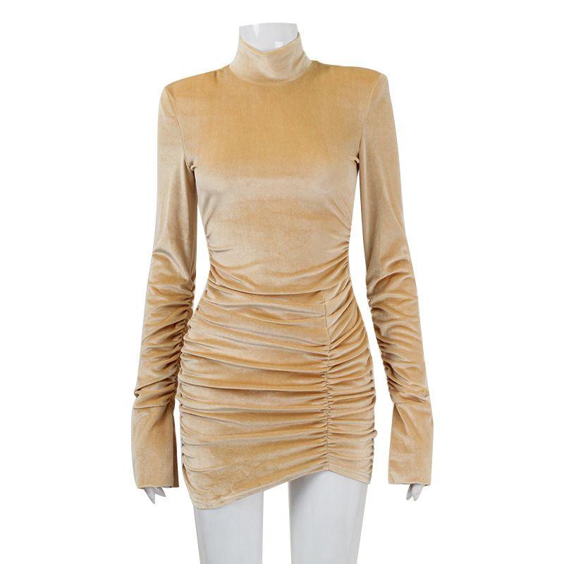 

Fashion Fashion Half Turtleneck Pleated Waist Tight Bodycon Dress Fancy Pure Color All-Matching Corduroy Ruffle Sleeve Dress Apricot color L