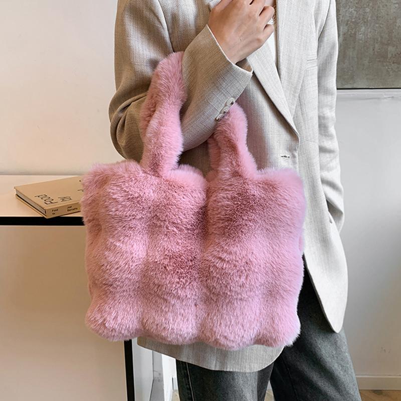 Dames Pluizige Schoudertassen Winter Top-Handvat Handtas Pluche Tote Bag Effen Kleur Commuter Veelzijdige Handtas CLE