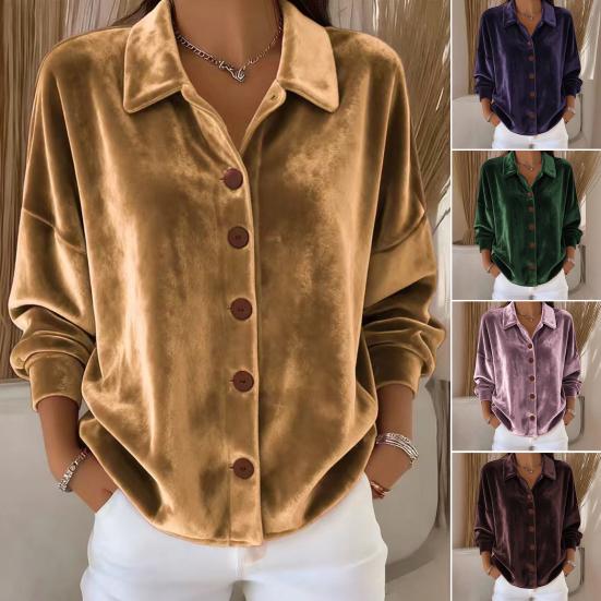 Damenhemd Revers Langarm Samtstruktur Einfarbiges Hemd Oberteile Lockere Passform Knopfleiste Pendler-Oberteile Arbeitskleidung