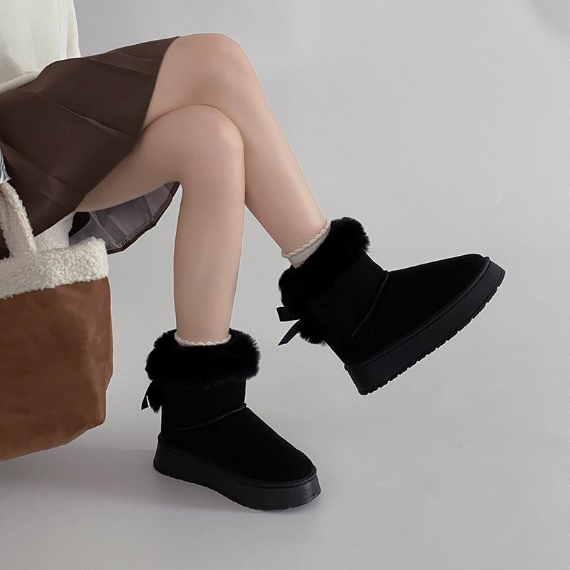 Mote Mori hår korte støvletter flenset plattform snøstøvler dame 2025 vinter retro bak snøring fløyel store bomullssko