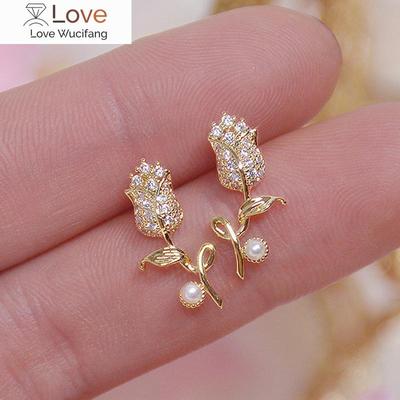 Korea Verkauf Mode Schmuck 14K Reales Gold Plating Kupfer Zirkon Ohrringe Elegante Tulpe frauen Hochzeit Party Ohrringe
