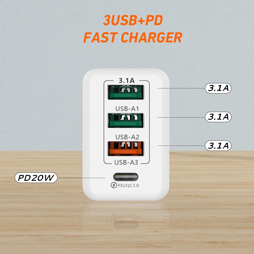 36W Multi-Port Charger with 3A+1C Ports, UK Standard, High-Power 3.1A Flash Charging