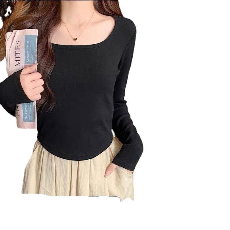 Ribbet firkantet halsringning Slank langermet T-skjorte for kvinner Perfekt for indre slitasje topper