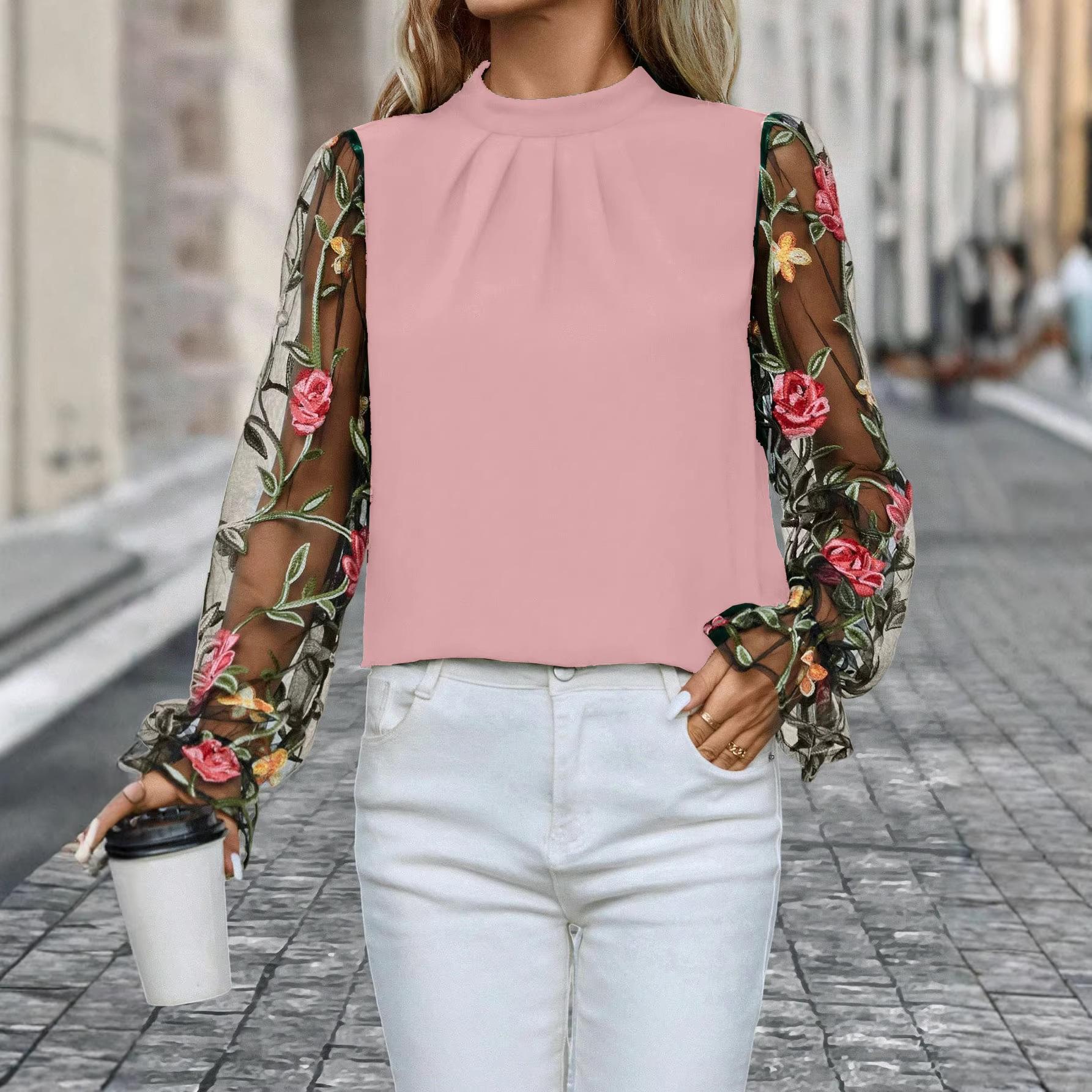 Women S Half High Neck Embroidered Long Sleeve Shirt Mesh Spliced Top M