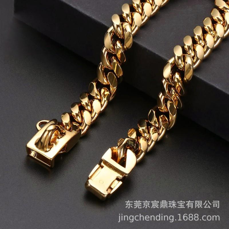 14mm Gold-Plated Stainless Steel Dog Collar Chain Hip Hop Style Pet Necklace Large Dogs