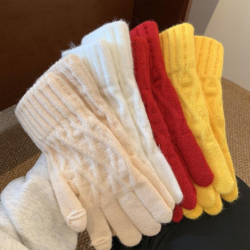 Japanische Retro-Strickhandschuhe aus Wolle für Damen im Winter mit Fingerspitzen und Touchscreen-Funktion, ideal für Fahrradfahrerinnen, zum Schutz vor Wind und Kälte