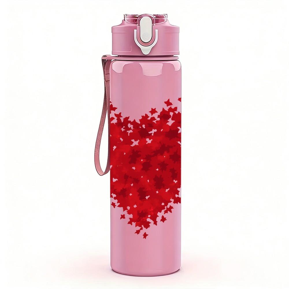 1PC Scattered Red Heart Texture Print 750ml Color Plastic Sports Water Bottle Leakproof Flip Straw Lid Suitable for Sports Office Home Use
