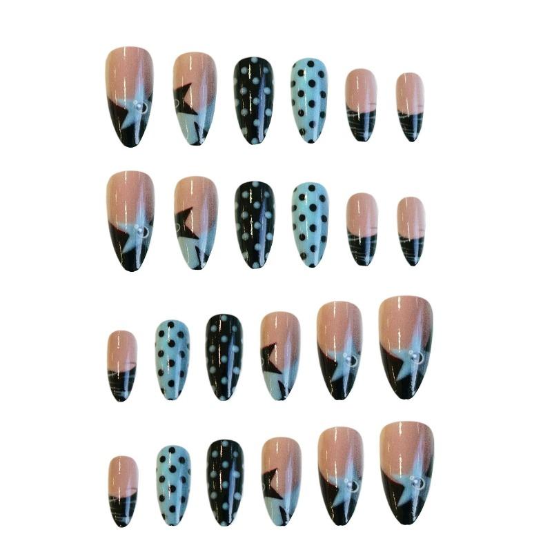 24Pcs Y2K Blue Star Almond Press On Nails Black Polka Dot French Tip Full Cover Fake Nails Sweet Cool Manicure